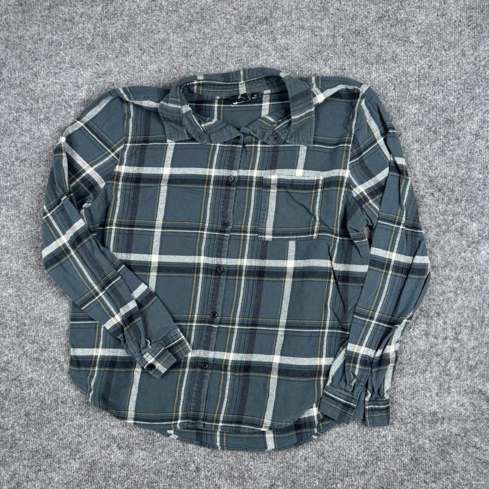 Disney Flannel Shirt Womens Size 1X Green Plaid Cotton Mickey Mouse Graphic Back